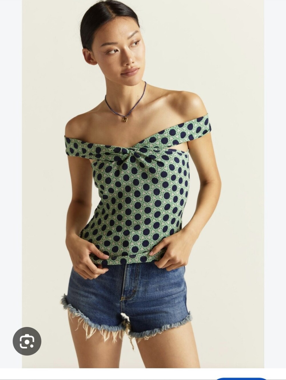 Anthropologie Maeve Green and Navy Polka Dot Off-Shoulder Twist Top